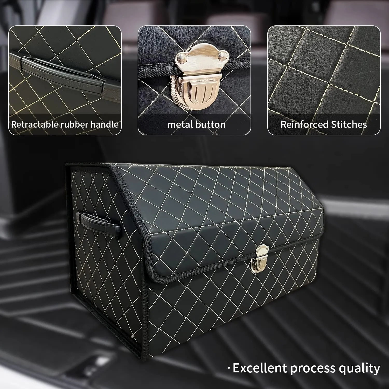 Trunk Organizer for Car With Lid，Foldable Trunk Organizer for SUVs & Sedans，Multi-Functional Leather Storage Box- Black Grid - Small