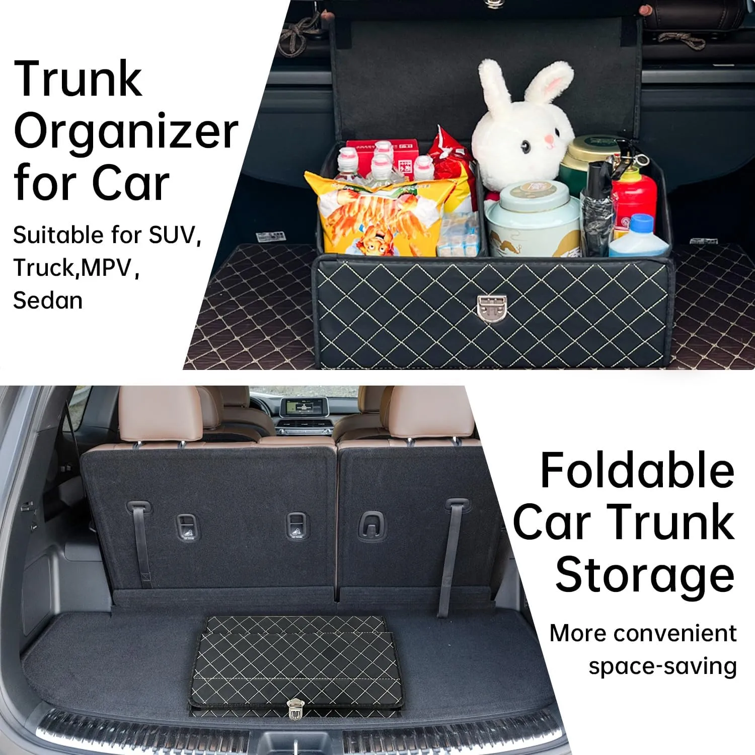 Trunk Organizer for Car With Lid，Foldable Trunk Organizer for SUVs & Sedans，Multi-Functional Leather Storage Box- Black Grid - Small