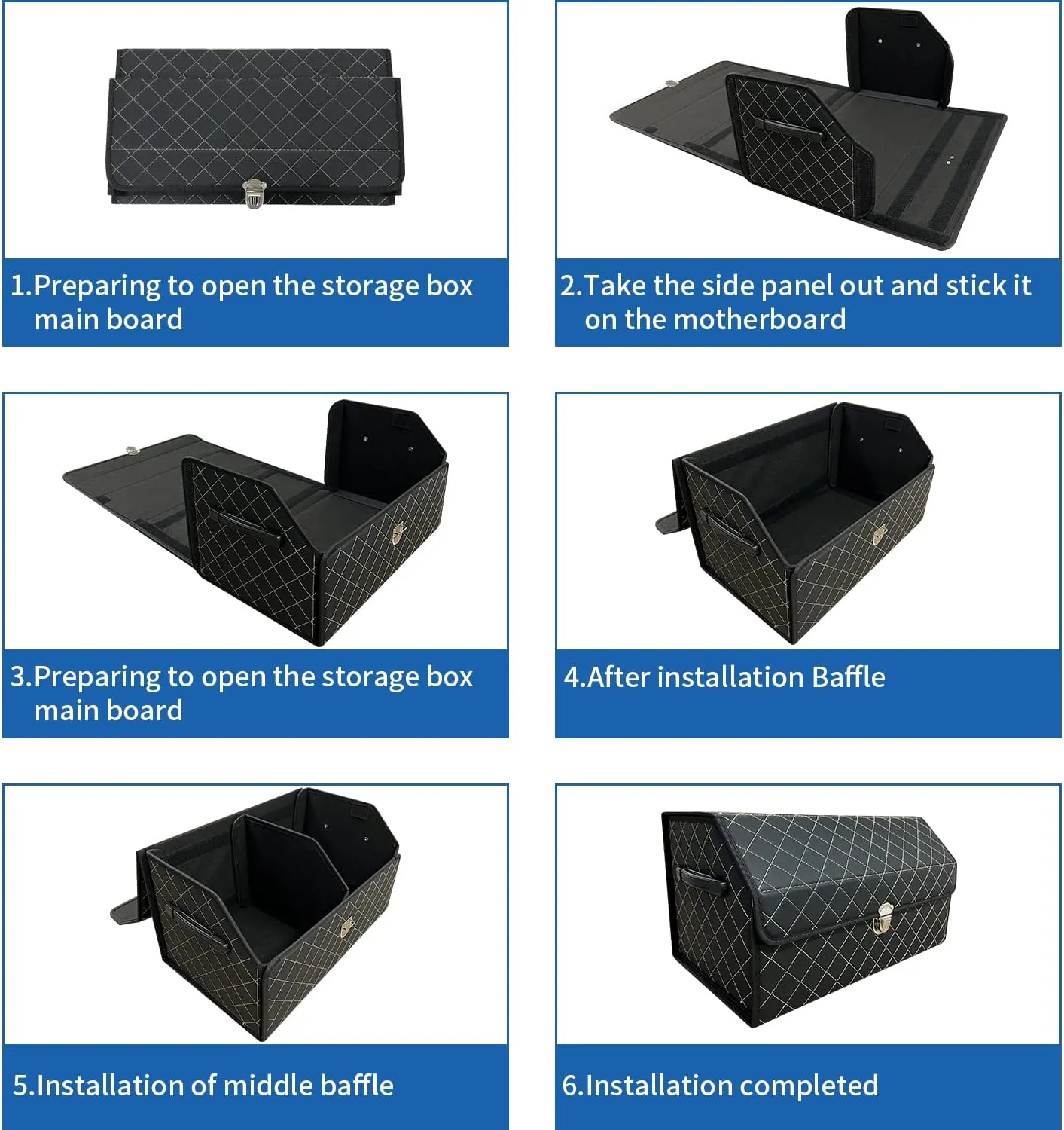 Trunk Organizer for Car With Lid，Foldable Trunk Organizer for SUVs & Sedans，Multi-Functional Leather Storage Box- Black Grid - Small