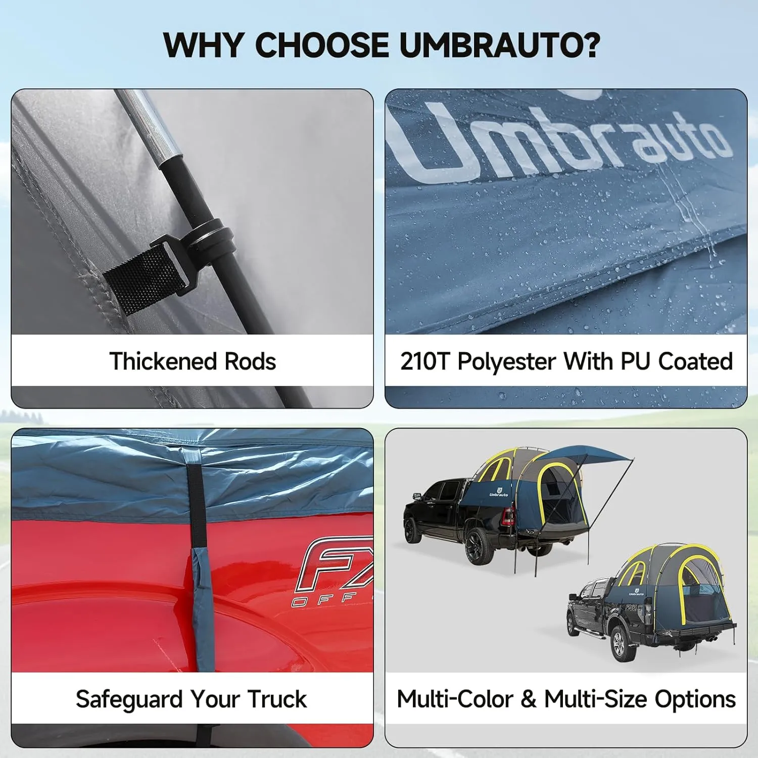 Umbrauto Truck Bed Tent: 6.4-6.7FT PU3000mm Waterproof Pickup Tailgate Truck Tents, Easy Set-up for 2 Person, Fits Full Size Short Bed, Chevy, Dodge, Ford, GMC, Blue