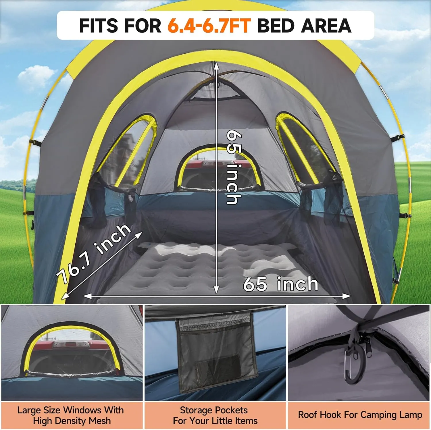 Umbrauto Truck Bed Tent: 6.4-6.7FT PU3000mm Waterproof Pickup Tailgate Truck Tents, Easy Set-up for 2 Person, Fits Full Size Short Bed, Chevy, Dodge, Ford, GMC, Blue