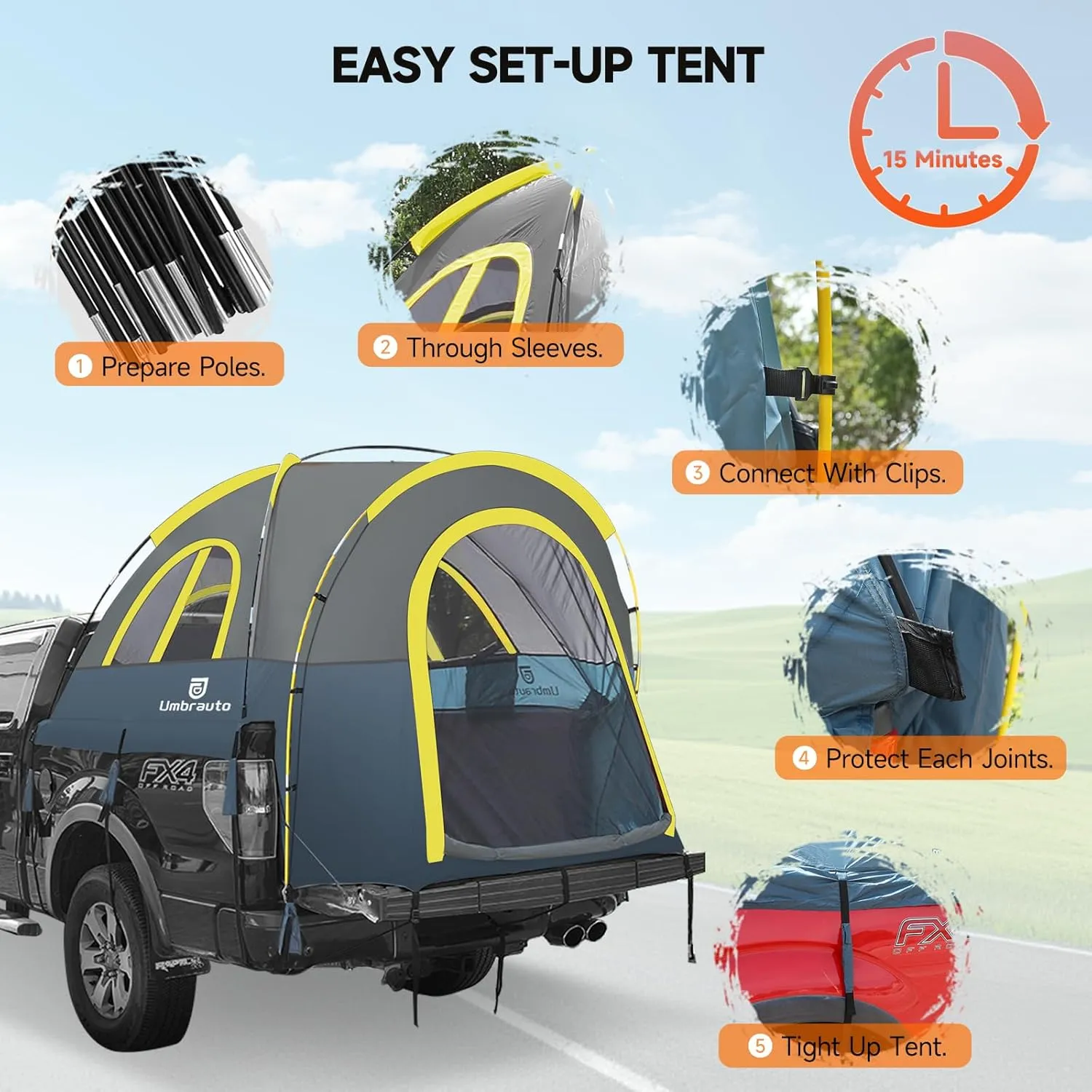 Umbrauto Truck Bed Tent: 6.4-6.7FT PU3000mm Waterproof Pickup Tailgate Truck Tents, Easy Set-up for 2 Person, Fits Full Size Short Bed, Chevy, Dodge, Ford, GMC, Blue