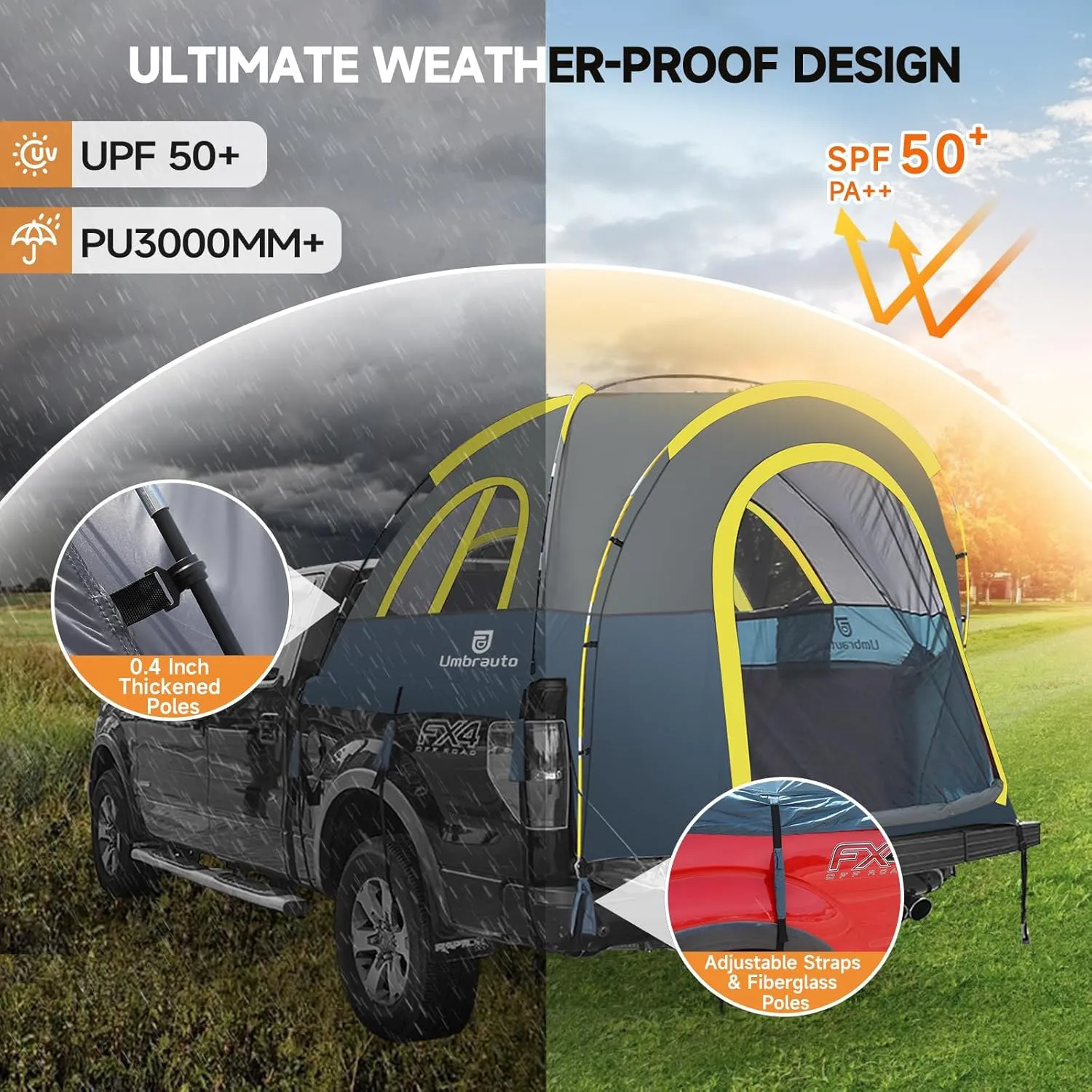 Umbrauto Truck Bed Tent: 6.4-6.7FT PU3000mm Waterproof Pickup Tailgate Truck Tents, Easy Set-up for 2 Person, Fits Full Size Short Bed, Chevy, Dodge, Ford, GMC, Blue