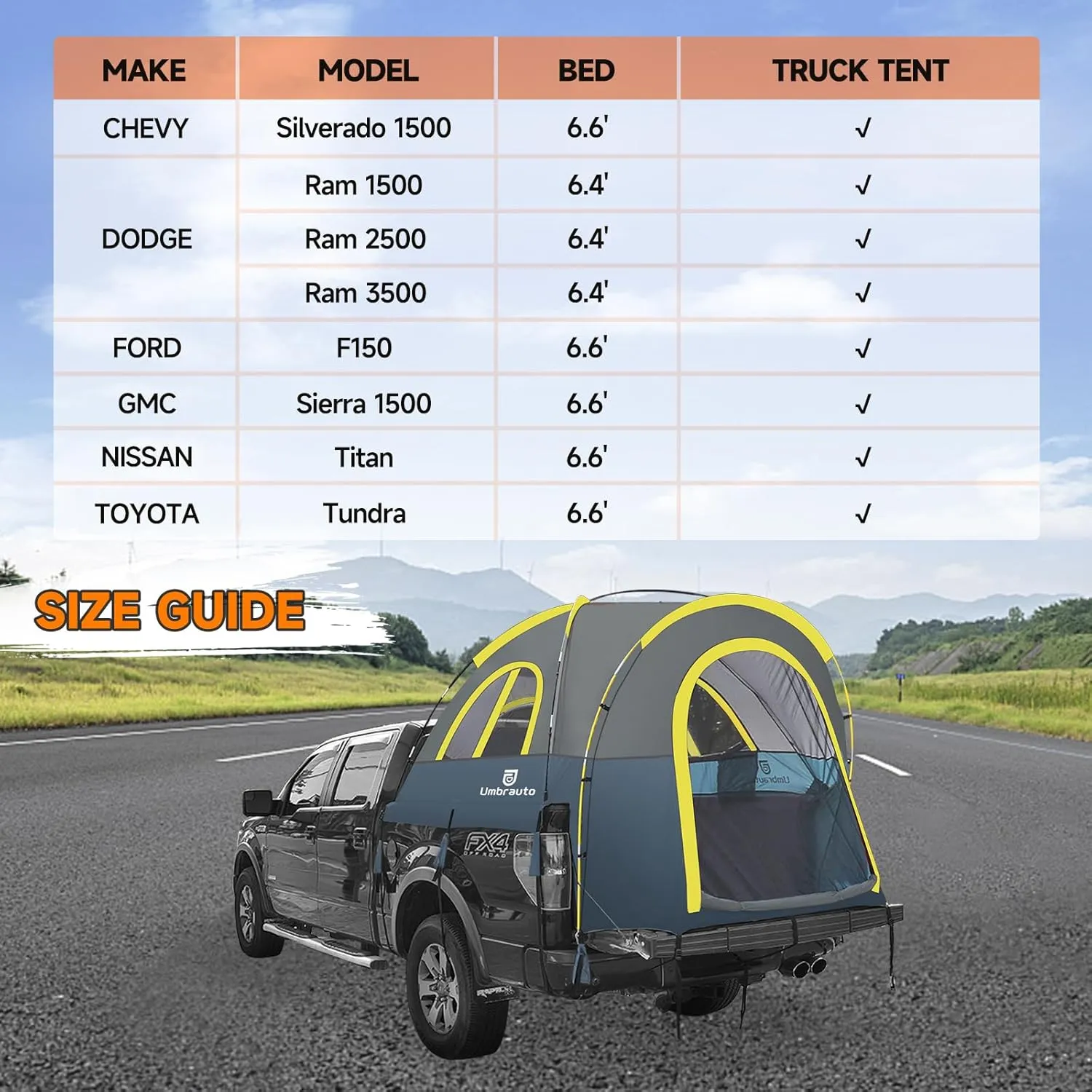 Umbrauto Truck Bed Tent: 6.4-6.7FT PU3000mm Waterproof Pickup Tailgate Truck Tents, Easy Set-up for 2 Person, Fits Full Size Short Bed, Chevy, Dodge, Ford, GMC, Blue