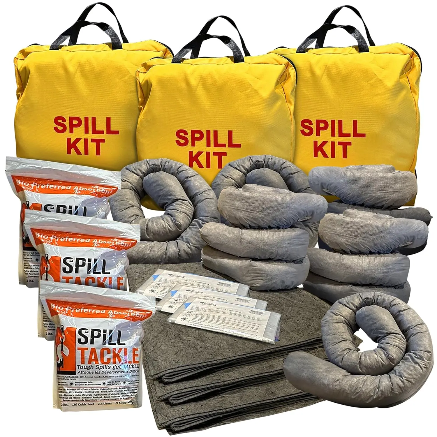 Universal Spill Kits - Spill Kits for Water & Oil Spill with Yellow Spill Kit Bag, 4 Universal Absorbent Socks, 10 Universal Spill Absorbent Pads, 2 lb Spill Tackle, 3 Pack