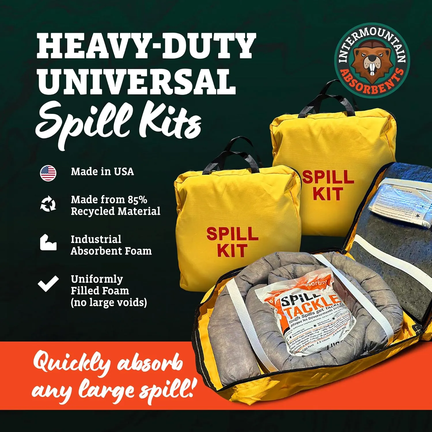 Universal Spill Kits - Spill Kits for Water & Oil Spill with Yellow Spill Kit Bag, 4 Universal Absorbent Socks, 10 Universal Spill Absorbent Pads, 2 lb Spill Tackle, 3 Pack