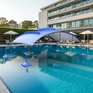 UPF 50  Floating Pool Canopy – Navy Blue Sun Shelter, Water/Land Dual-Use, Instant Setup, Weighted Base & Carry Bag