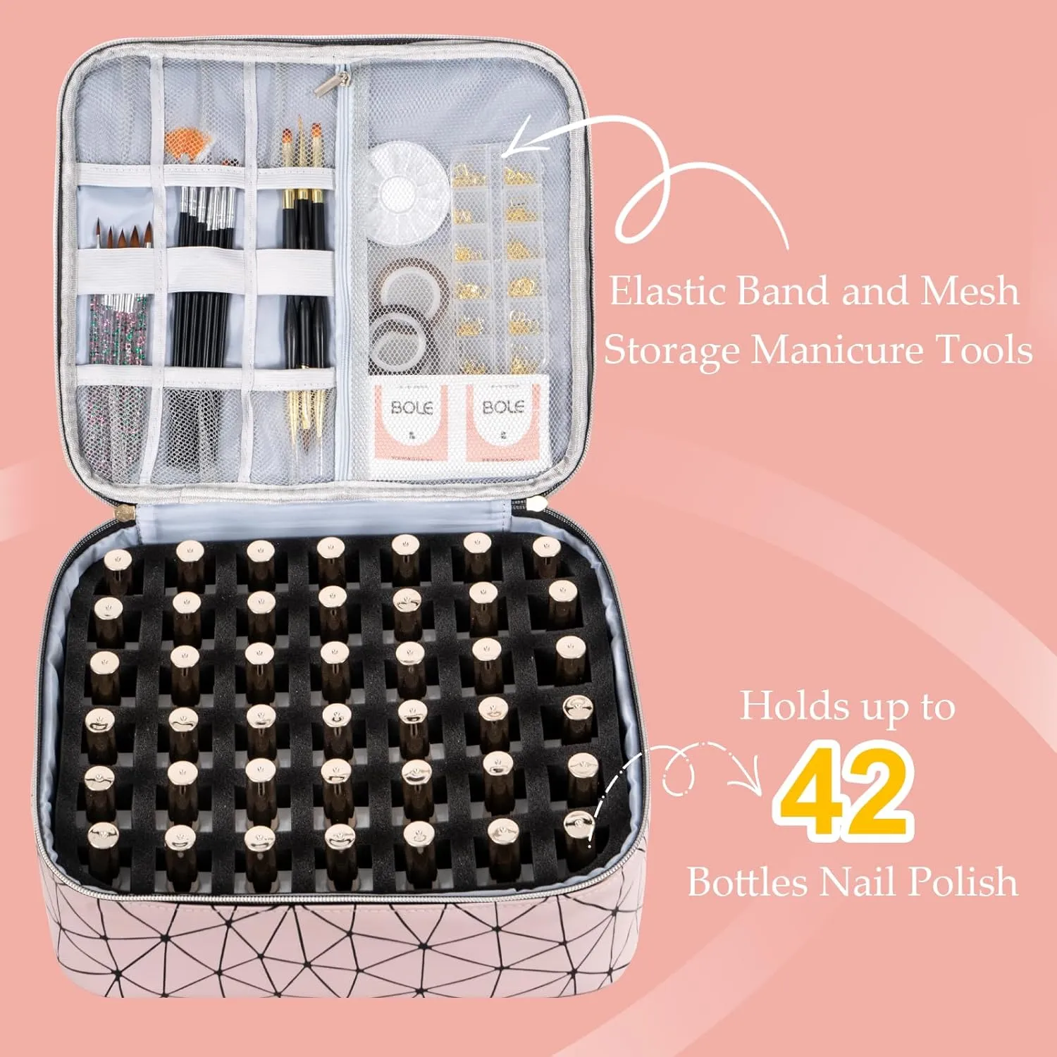 Uross Nail Polish Organizer Bag Holds 42 Bottles Nail Polish & Nail Lamp, Gel Nail Polish Organizers and Storage box for Nail Tech, Nail Kit Supplies Organizer Case - Lightpink