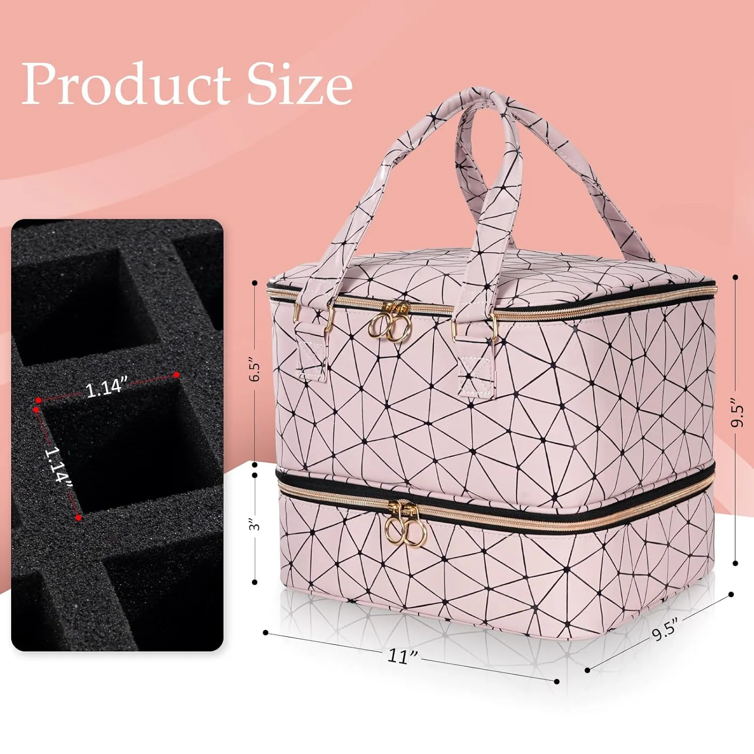 Uross Nail Polish Organizer Bag Holds 42 Bottles Nail Polish & Nail Lamp, Gel Nail Polish Organizers and Storage box for Nail Tech, Nail Kit Supplies Organizer Case - Lightpink