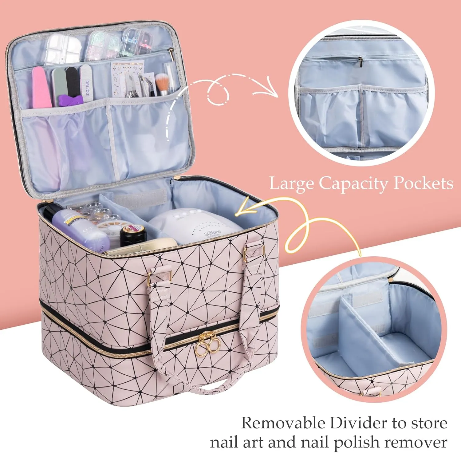 Uross Nail Polish Organizer Bag Holds 42 Bottles Nail Polish & Nail Lamp, Gel Nail Polish Organizers and Storage box for Nail Tech, Nail Kit Supplies Organizer Case - Lightpink