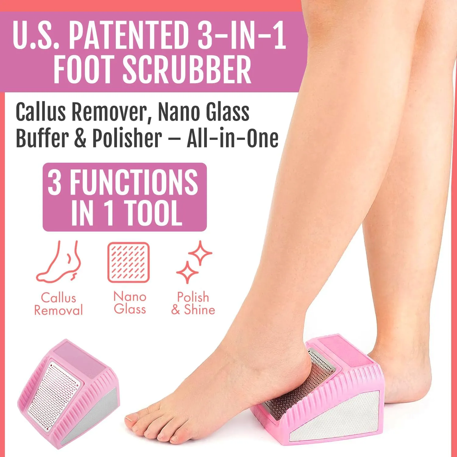 U.S. Patented 3-in-1 Foot Scrubber – No-Bend Callus Remover, Nano Glass Buffer & Polisher for Smooth Feet – Ideal for Senior Aids, Pregnancy Must-Haves, Back & Knee Surgery Recovery Gift (Pink)