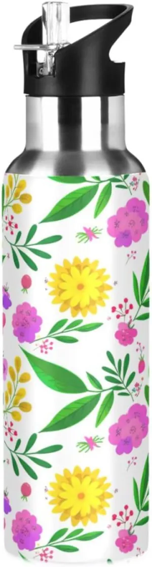 Various Flowers Sports Water Bottle with Straw, 22oz BPA Free Stainless Steel Vacuum Insulated Bottle for Gym Fitness Outdoor