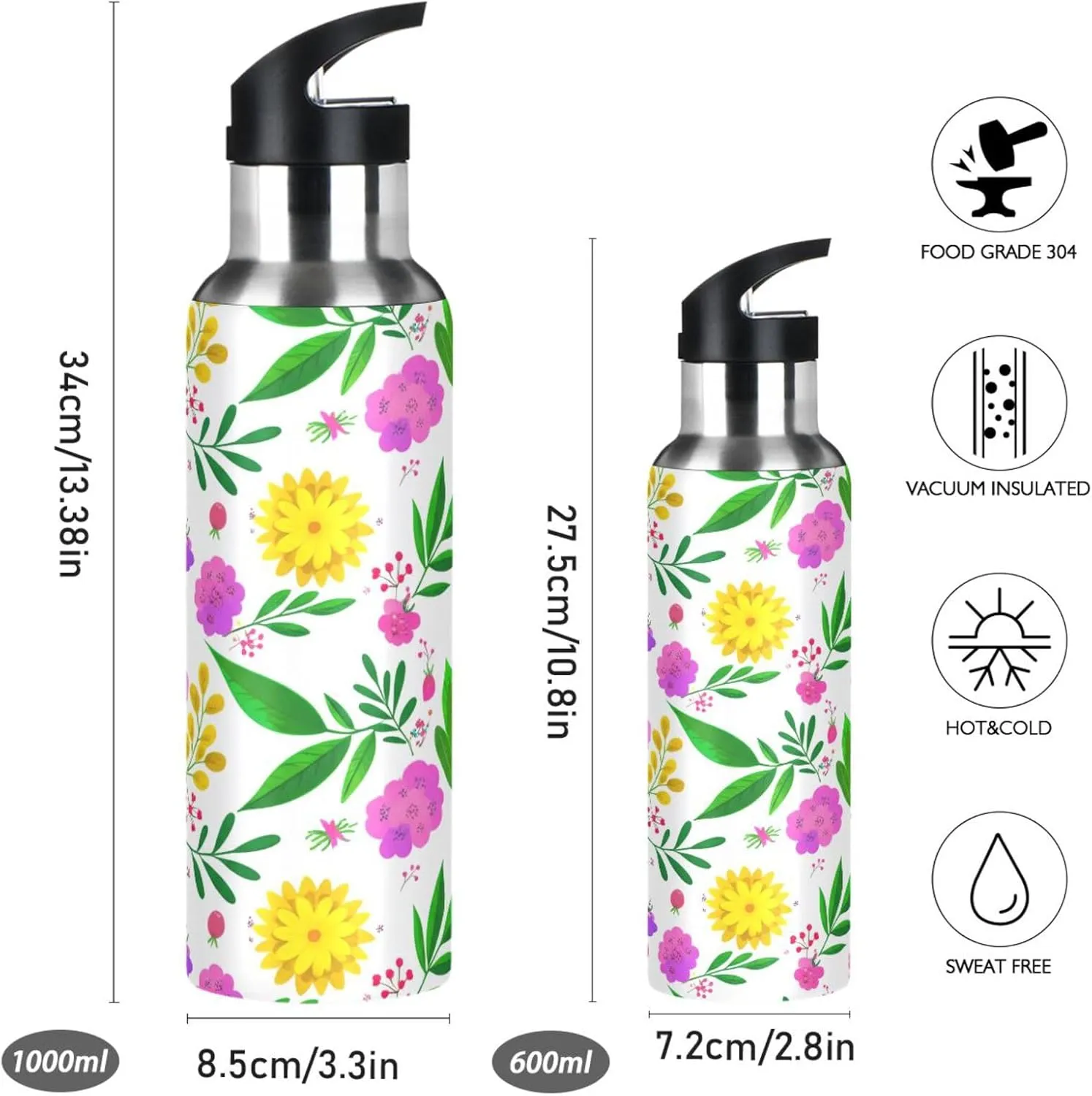 Various Flowers Sports Water Bottle with Straw, 22oz BPA Free Stainless Steel Vacuum Insulated Bottle for Gym Fitness Outdoor