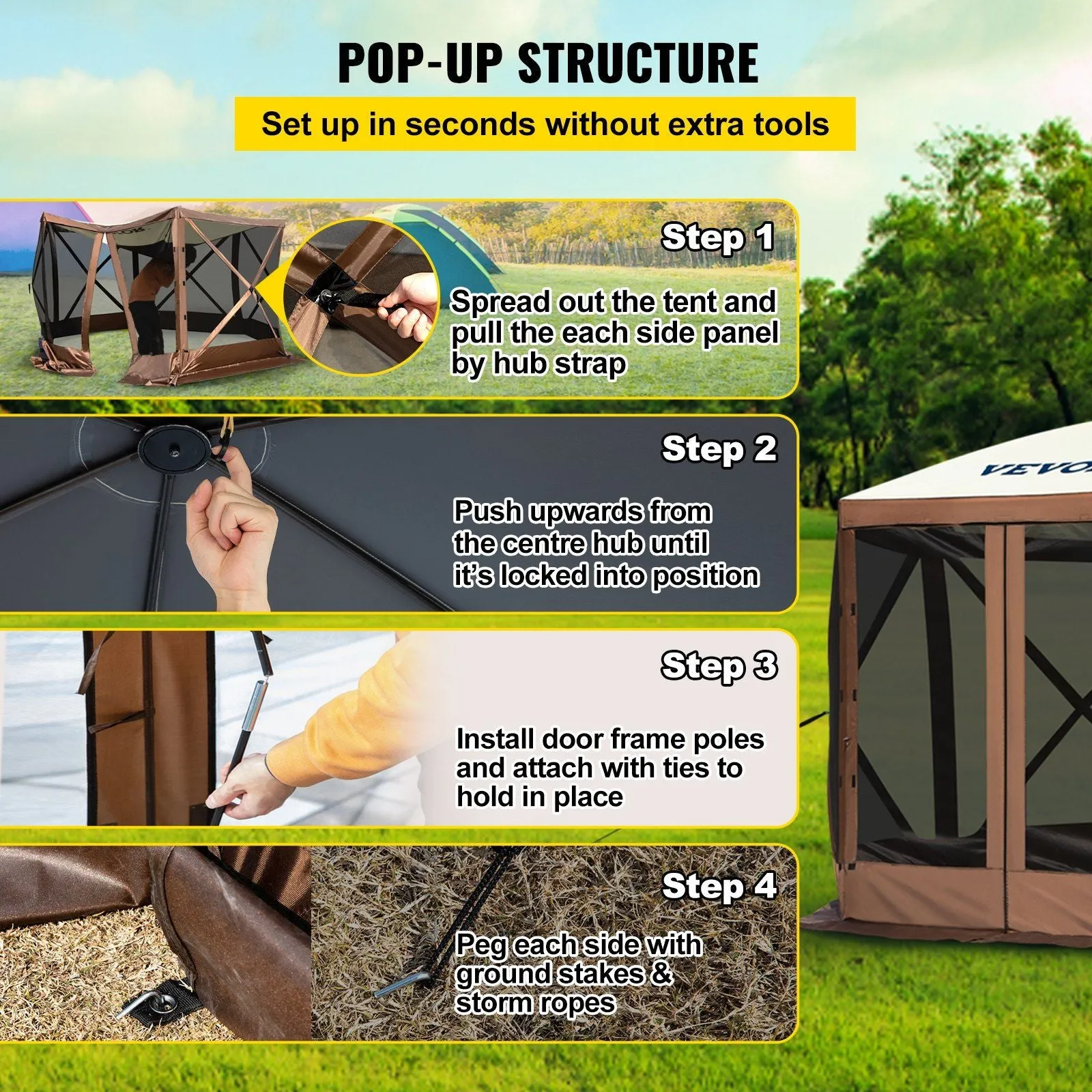 VEVOR Camping Gazebo Tent, 10'x10', 6-Sided Pop-up Canopy Screen Tent for 8 Person Camping, Waterproof Screen Shelter w/Portable Storage Bag, Ground Stakes, Mesh Windows, Brown & Beige