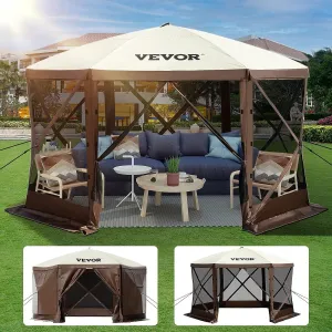 VEVOR Camping Gazebo Tent, 10'x10', 6-Sided Pop-up Canopy Screen Tent for 8 Person Camping, Waterproof Screen Shelter w/Portable Storage Bag, Ground Stakes, Mesh Windows, Brown & Beige