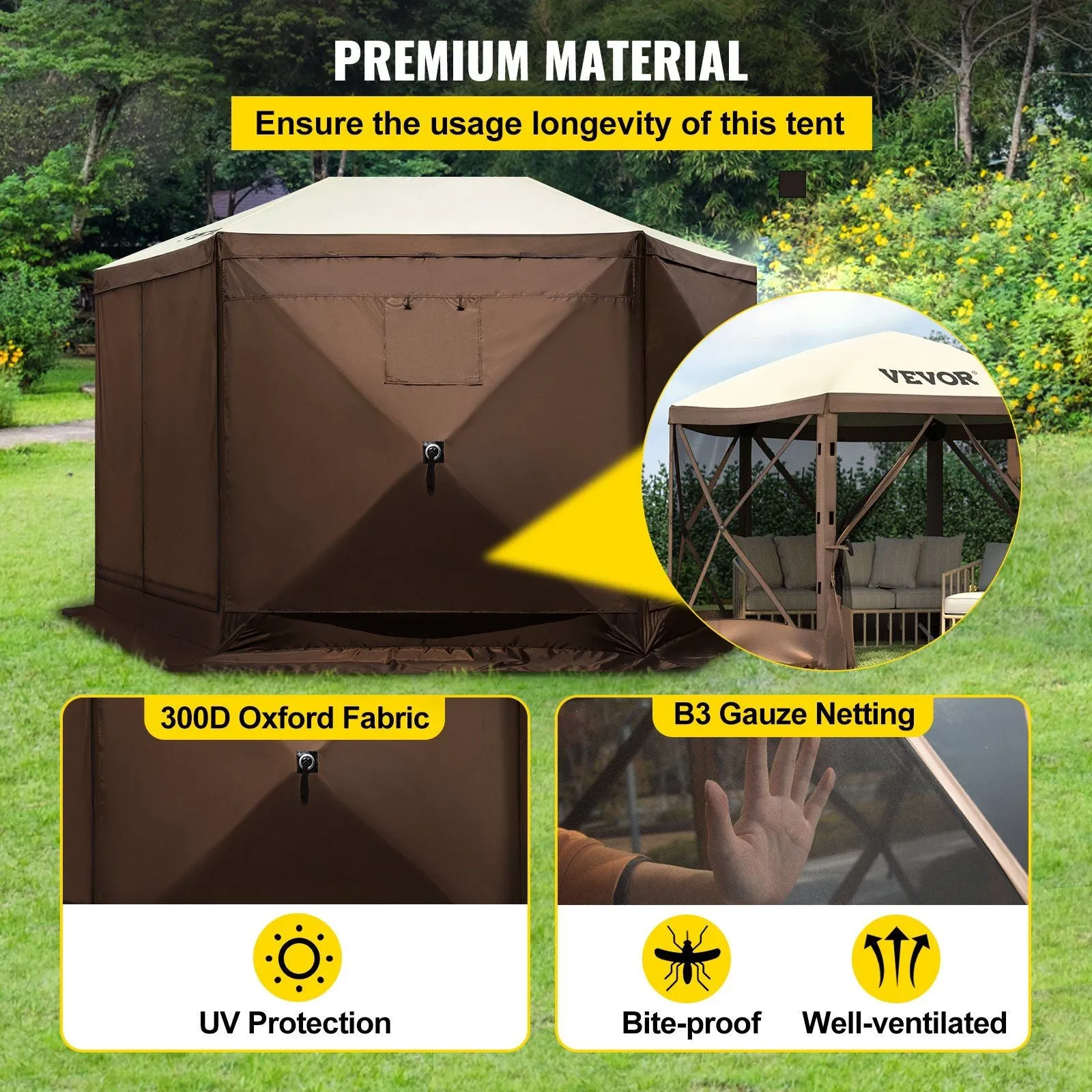 VEVOR Camping Gazebo Tent, 10'x10', 6-Sided Pop-up Canopy Screen Tent for 8 Person Camping, Waterproof Screen Shelter w/Portable Storage Bag, Ground Stakes, Mesh Windows, Brown & Beige