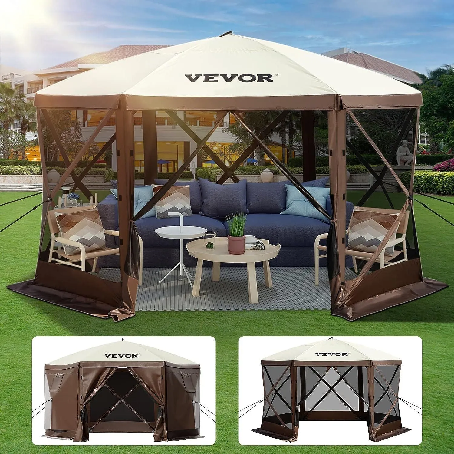 VEVOR Camping Gazebo Tent, 10'x10', 6-Sided Pop-up Canopy Screen Tent for 8 Person Camping, Waterproof Screen Shelter w/Portable Storage Bag, Ground Stakes, Mesh Windows, Brown & Beige