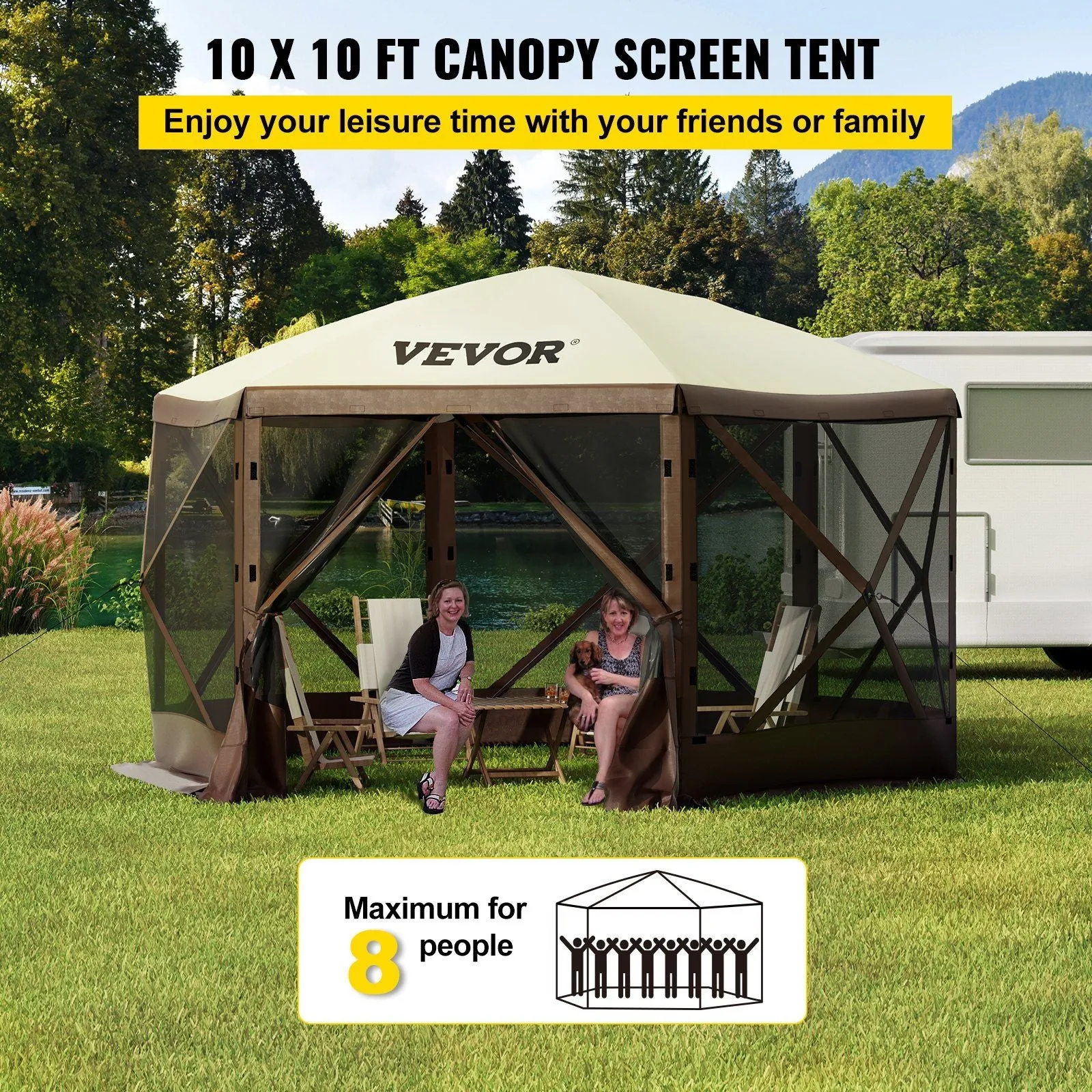VEVOR Camping Gazebo Tent, 10'x10', 6-Sided Pop-up Canopy Screen Tent for 8 Person Camping, Waterproof Screen Shelter w/Portable Storage Bag, Ground Stakes, Mesh Windows, Brown & Beige