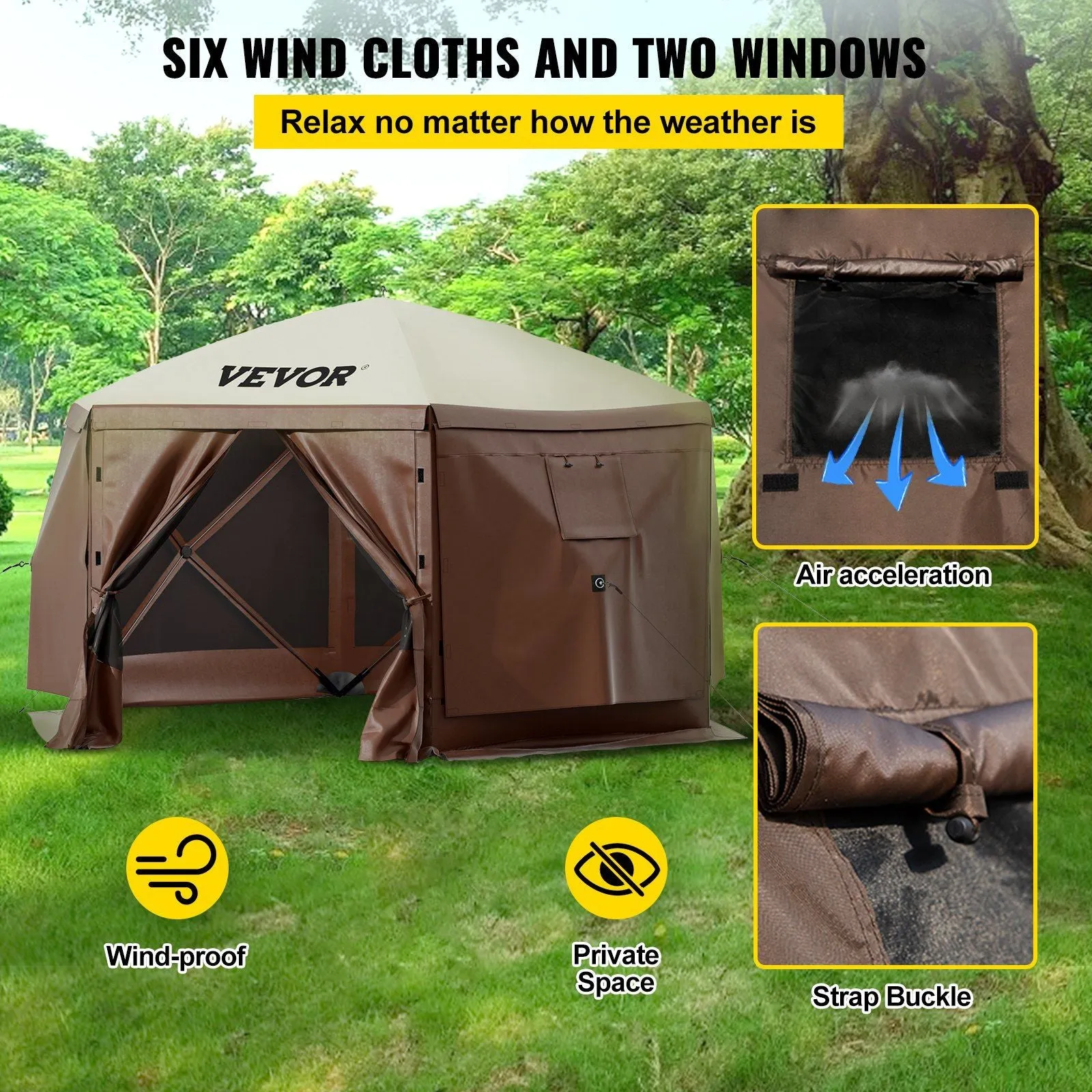 VEVOR Camping Gazebo Tent, 10'x10', 6-Sided Pop-up Canopy Screen Tent for 8 Person Camping, Waterproof Screen Shelter w/Portable Storage Bag, Ground Stakes, Mesh Windows, Brown & Beige