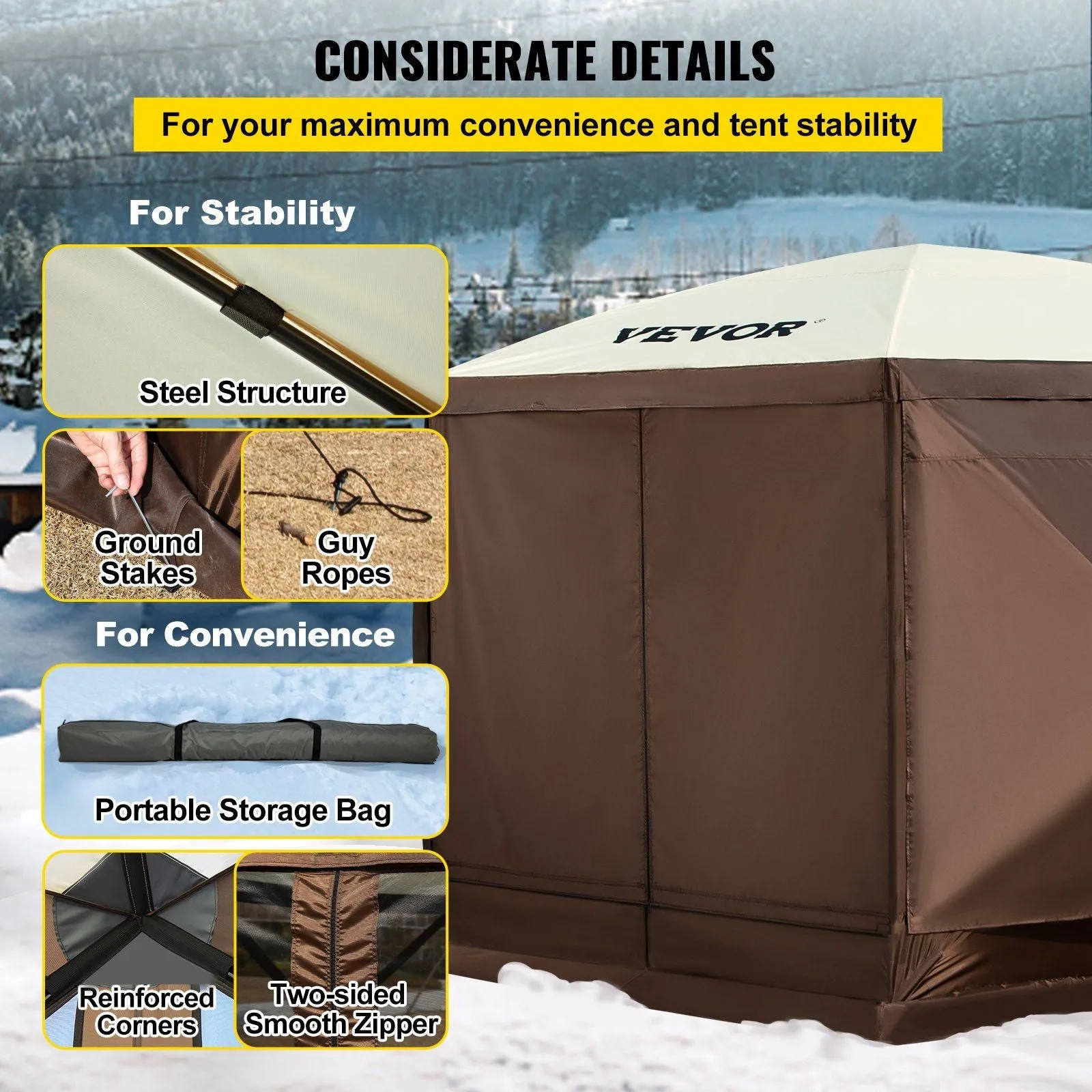 VEVOR Camping Gazebo Tent, 10'x10', 6-Sided Pop-up Canopy Screen Tent for 8 Person Camping, Waterproof Screen Shelter w/Portable Storage Bag, Ground Stakes, Mesh Windows, Brown & Beige