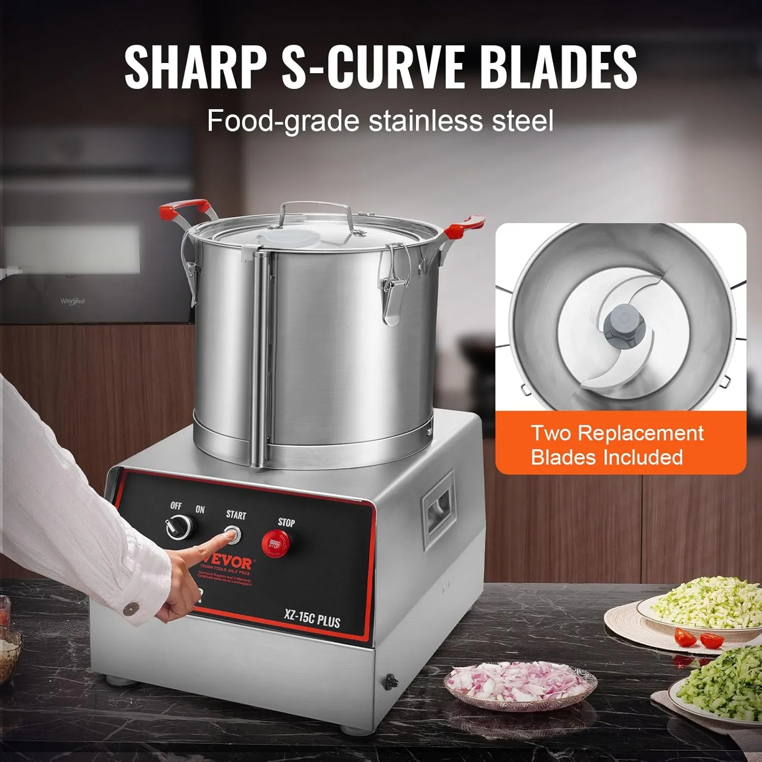 VEVOR Food Processor & Vegetable Chopper, 16 Quart, 1400W Food-Grade Stainless Steel Food Processor Chopper with 2 Extra S-Curve Blades, Multifunctional for Chopping Vegetables, Grains, Nuts