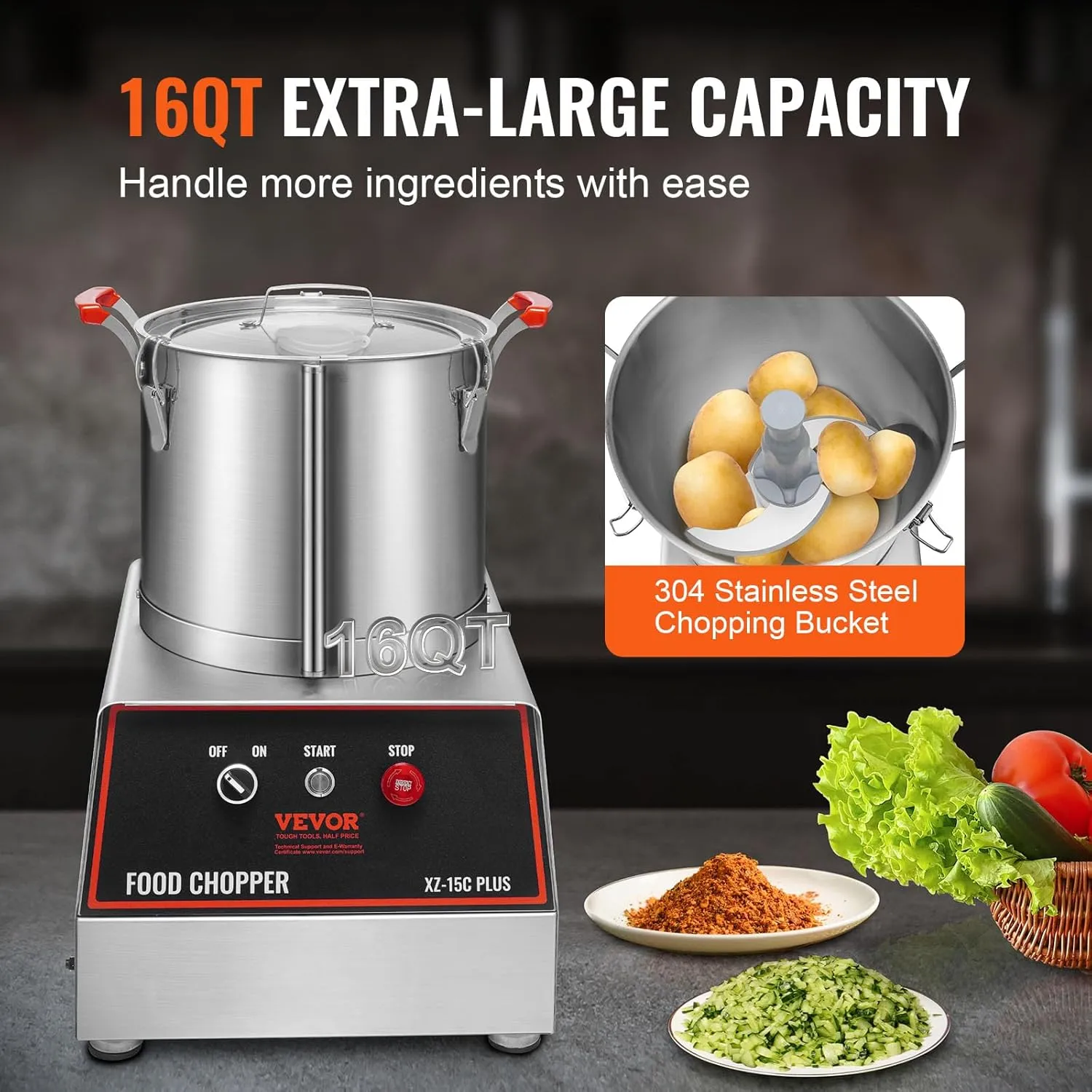 VEVOR Food Processor & Vegetable Chopper, 16 Quart, 1400W Food-Grade Stainless Steel Food Processor Chopper with 2 Extra S-Curve Blades, Multifunctional for Chopping Vegetables, Grains, Nuts