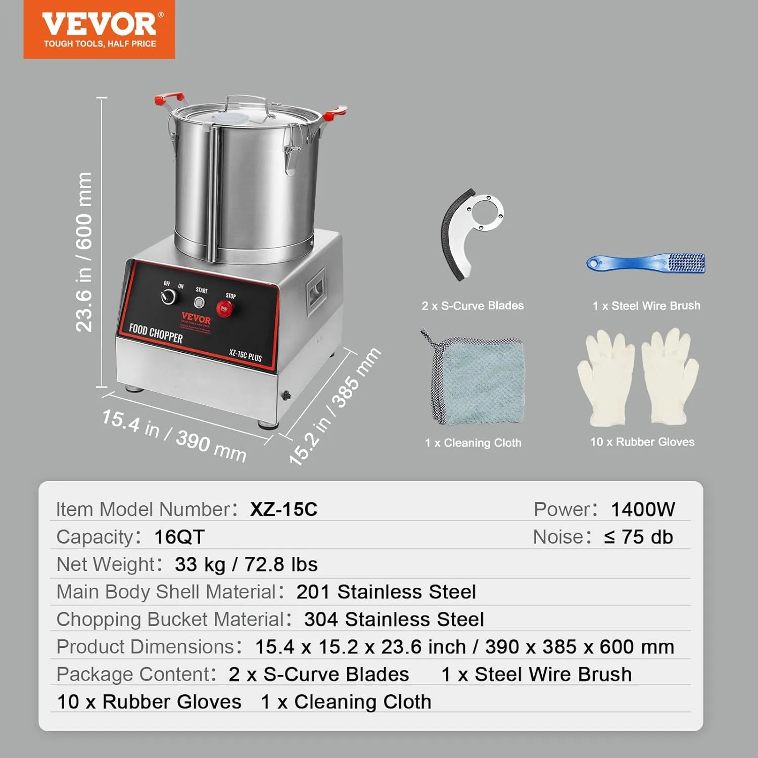 VEVOR Food Processor & Vegetable Chopper, 16 Quart, 1400W Food-Grade Stainless Steel Food Processor Chopper with 2 Extra S-Curve Blades, Multifunctional for Chopping Vegetables, Grains, Nuts