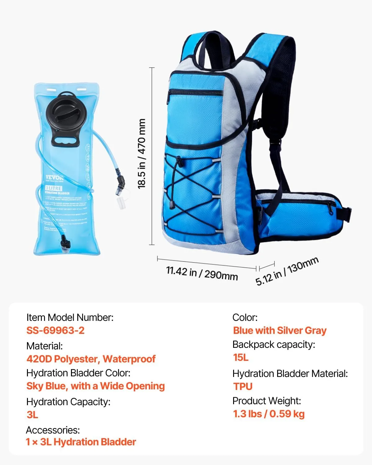 VEVOR Hydration Backpack, Water Backpack with TPU Water Bladder, Tactical Molle Hiking Hydration Pack with Storage for Men Women, Hydro Water Daypack for Hiking Running Cycling Camping
