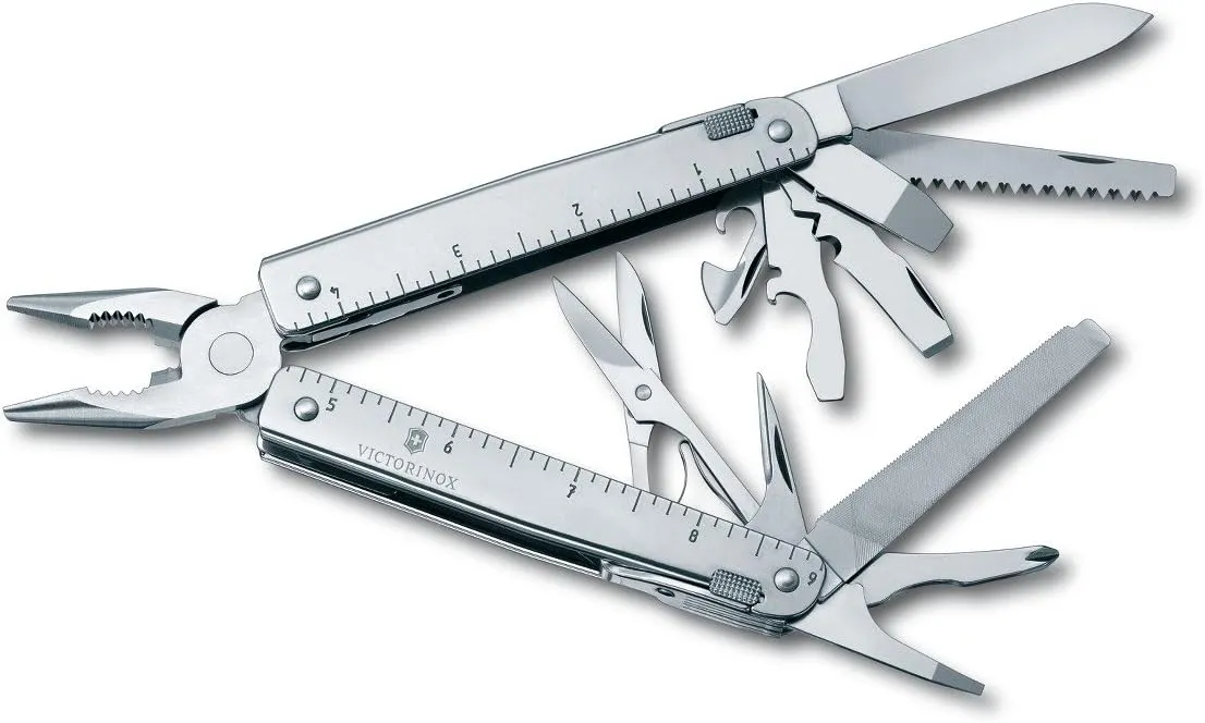 Victorinox Swiss Tool Swiss Army Knife, 24 Function Swiss Made Multi-Tool with Needle-Nose Pliers, Wire Cutters and Large Blade - Silver