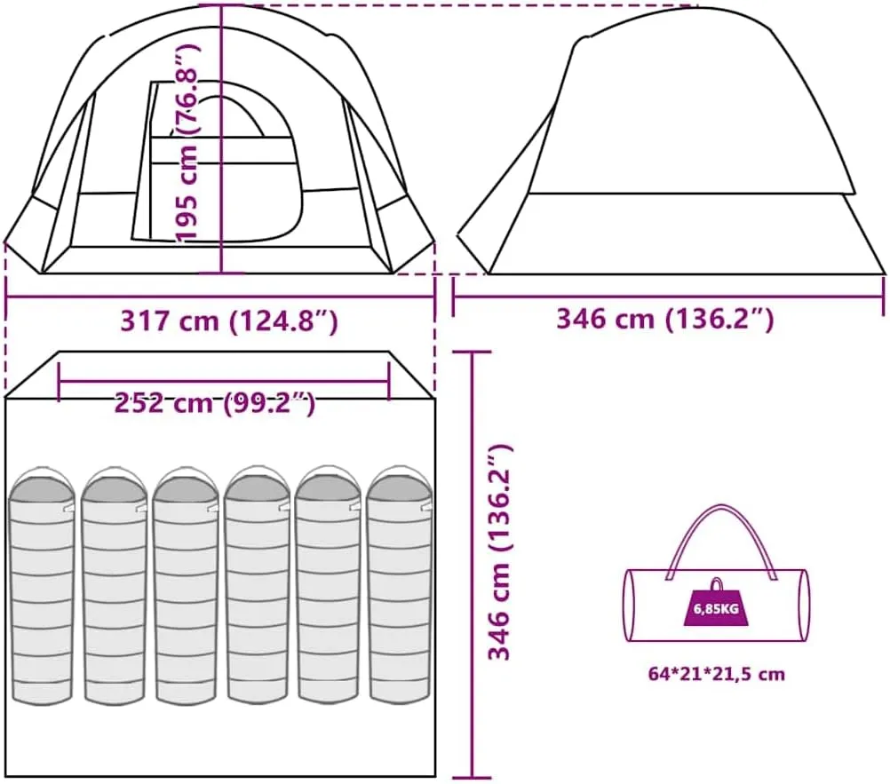 vidaXL 6-Person Family Tent Cabin - Blue Waterproof Camping Shelter with E-Port and Gear Loft, 252/317 x 136.2 x 76.8 Portable Hiking Tent