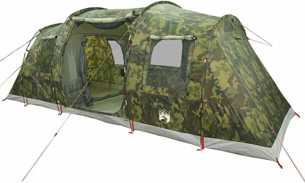 vidaxl Camping Tent Tunnel 4-Person Camouflage Waterproof shelter - 2 bedrooms, 3 Doors, 5 Windows, Portable Outdoor Gear