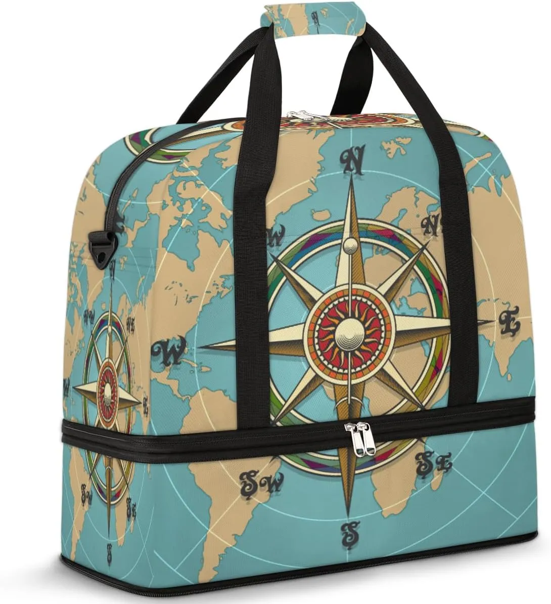 Vintage Compass Map Travel Duffle Bag, Large Sports Gym Bag with Shoe Compartment, Waterproof Carry on Tote Bag, Foldable Weekender Overnight Bag for Women Men
