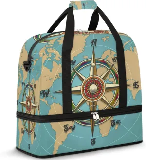 Vintage Nautical Compass World Map Travel Duffel Bag for Women Men, Sports Gym Bag with Shoes Compartment Foldable Overnight Bag Weekender Tote Workout Carry On Luggage Bag