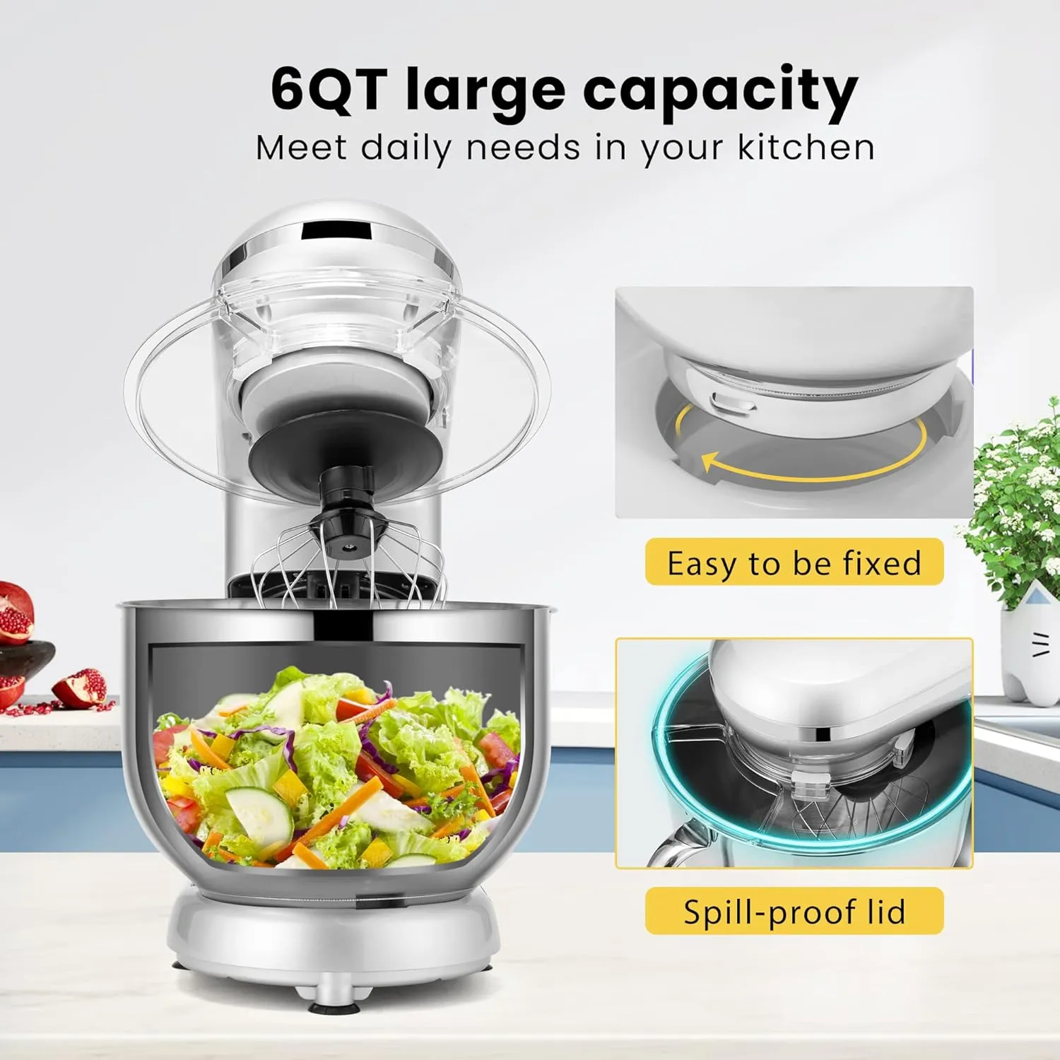 VIVOHOME Stand Mixer, 660W 10 Speed 6 Quart Tilt-Head Kitchen Electric Food Mixer with Beater, Dough Hook, Wire Whip and Egg Separator, Silver