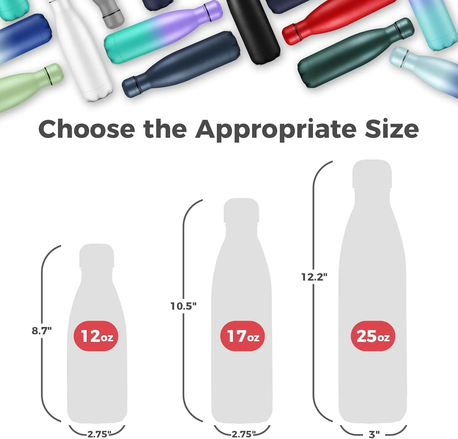 Volhoply 25oz Insulated Water Bottles 1/2/4 Pack, Double Wall Stainless Steel Vacuum Flask Keeps Cold 24H & Hot 12H, BPA Free Leakproof Bottle (Red,2 Pack)