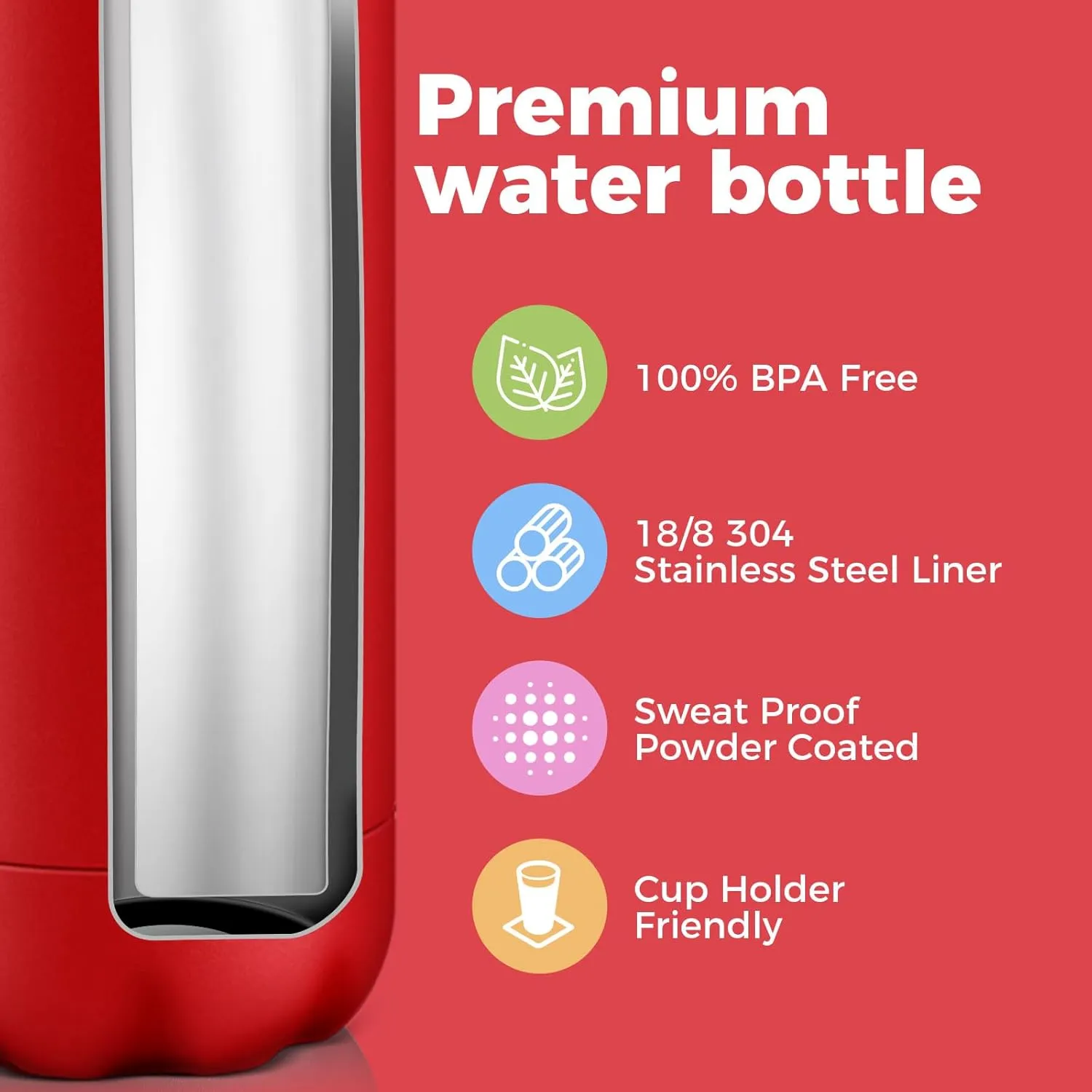 Volhoply 25oz Insulated Water Bottles 1/2/4 Pack, Double Wall Stainless Steel Vacuum Flask Keeps Cold 24H & Hot 12H, BPA Free Leakproof Bottle (Red,2 Pack)