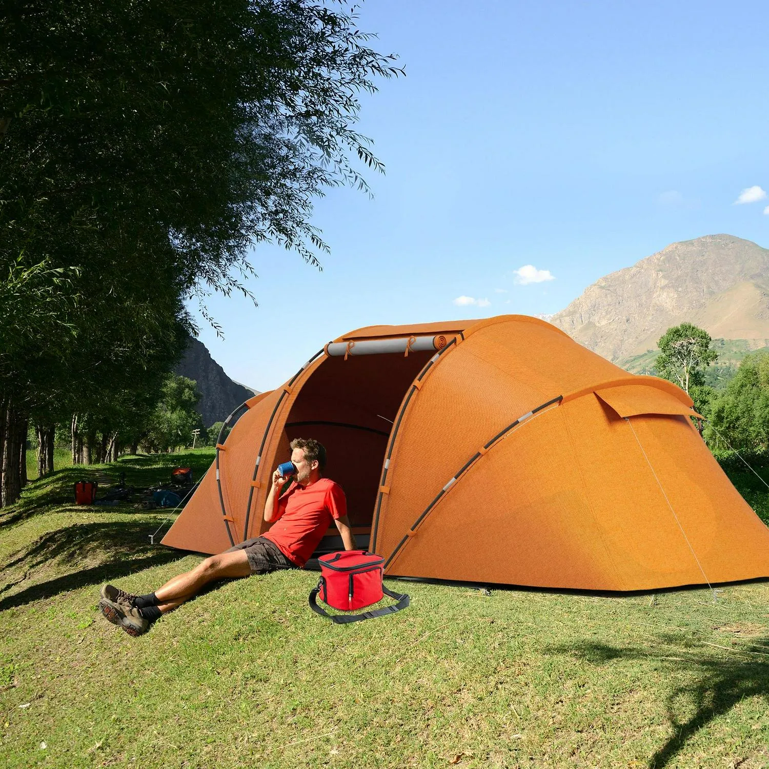 W/ Protection Vibrant Orange Tunnel 4-6 Tent Hiking Camping Man Two Outsunny Shelter, Bedroom, Full range UV