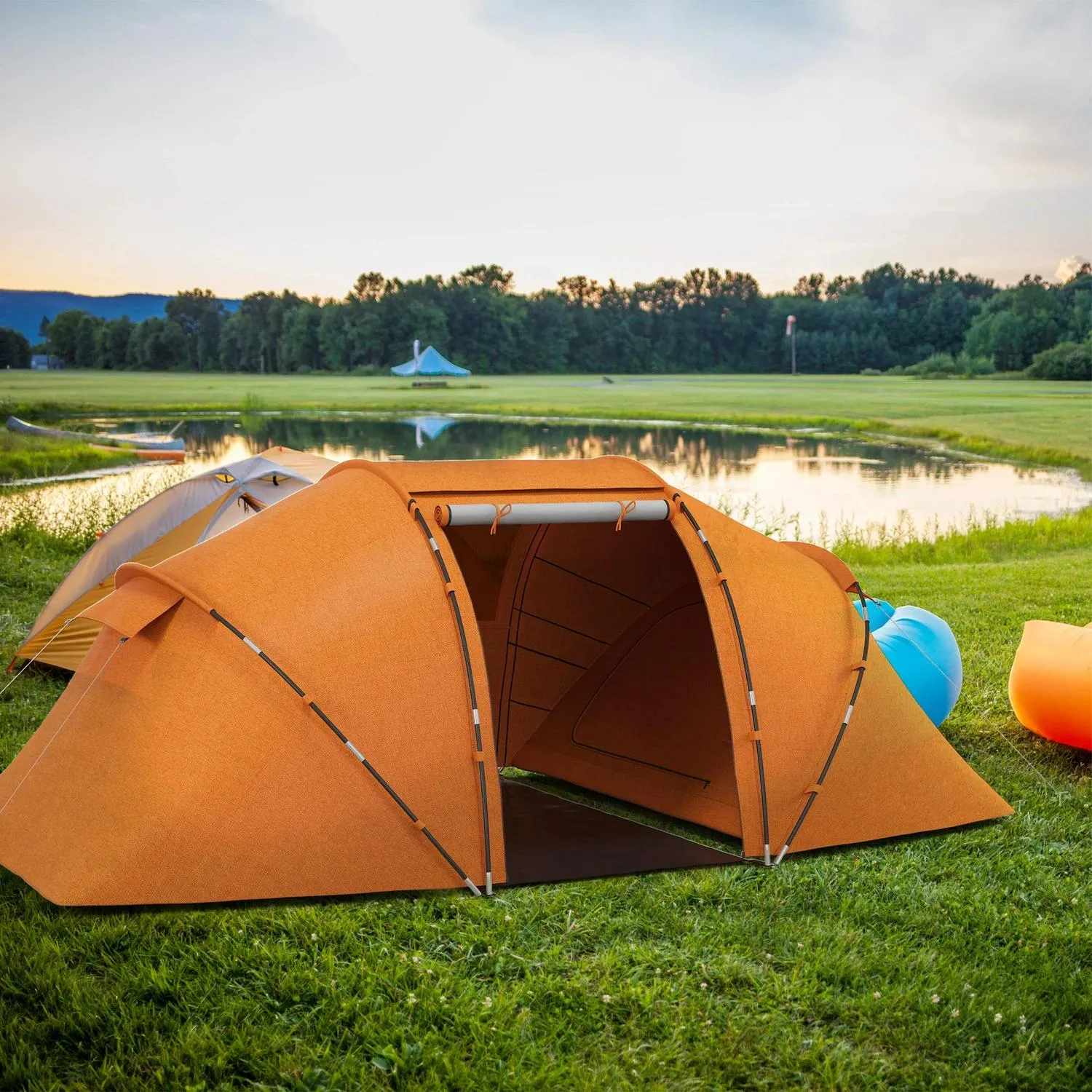 W/ Protection Vibrant Orange Tunnel 4-6 Tent Hiking Camping Man Two Outsunny Shelter, Bedroom, Full range UV
