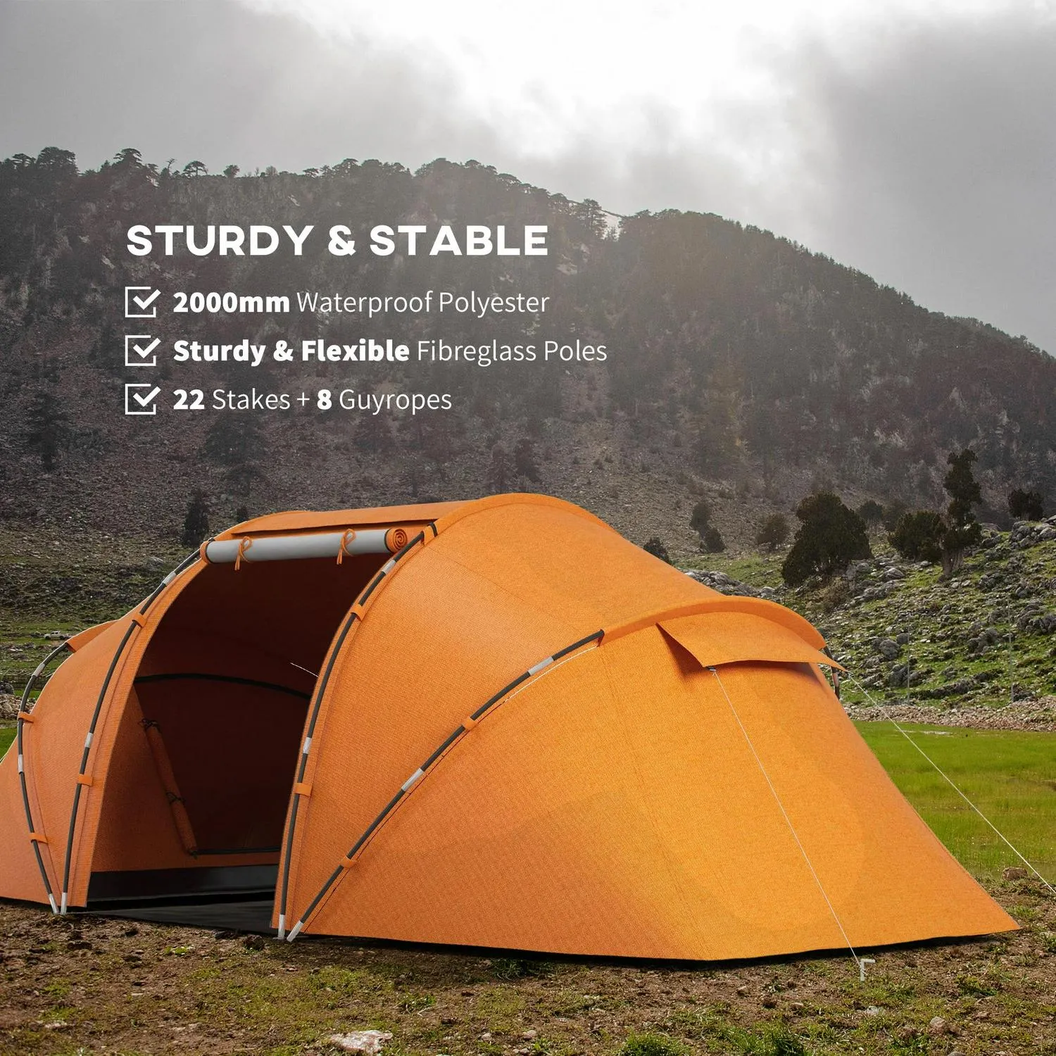 W/ Protection Vibrant Orange Tunnel 4-6 Tent Hiking Camping Man Two Outsunny Shelter, Bedroom, Full range UV