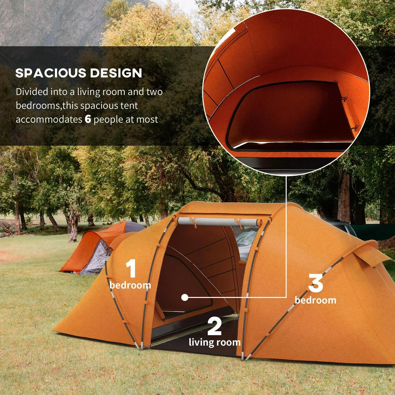 W/ Protection Vibrant Orange Tunnel 4-6 Tent Hiking Camping Man Two Outsunny Shelter, Bedroom, Full range UV