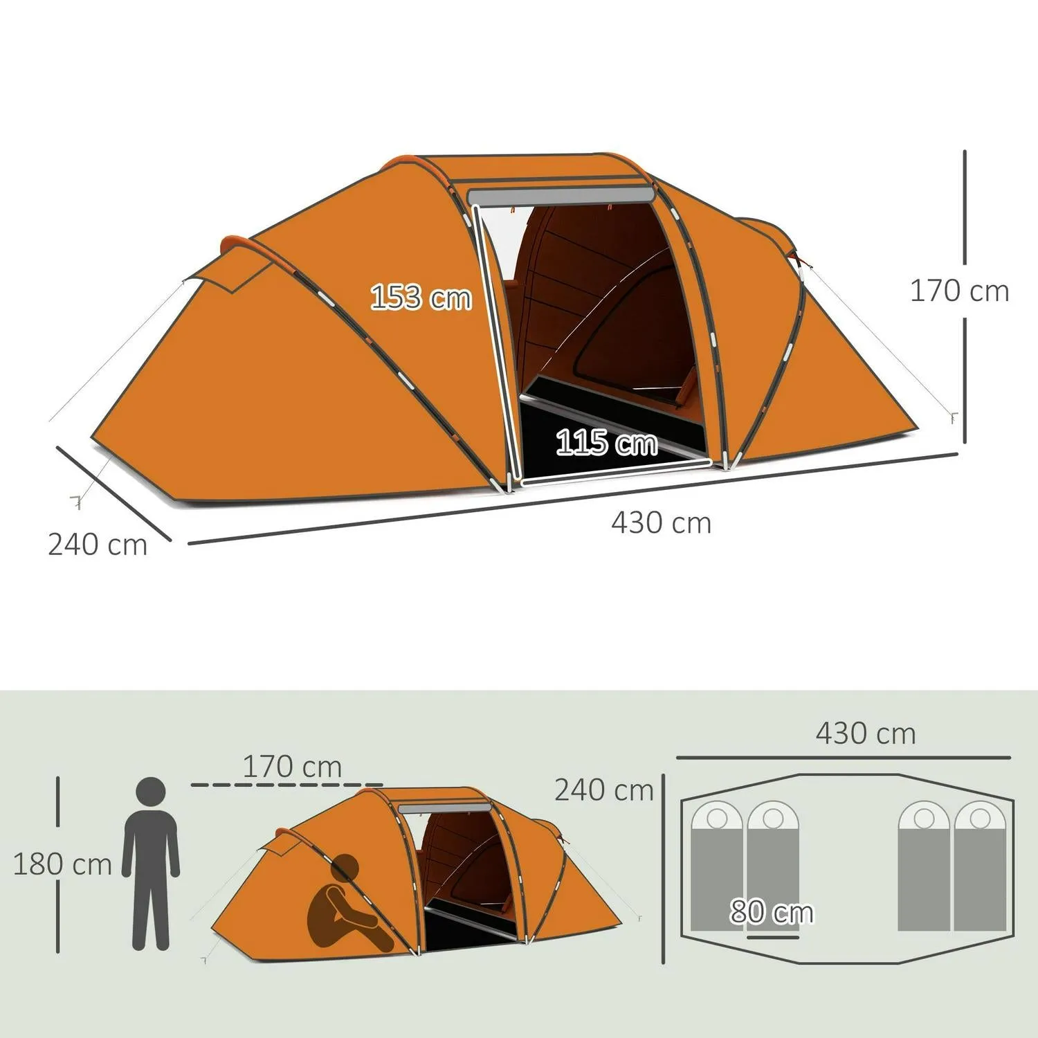 W/ Protection Vibrant Orange Tunnel 4-6 Tent Hiking Camping Man Two Outsunny Shelter, Bedroom, Full range UV