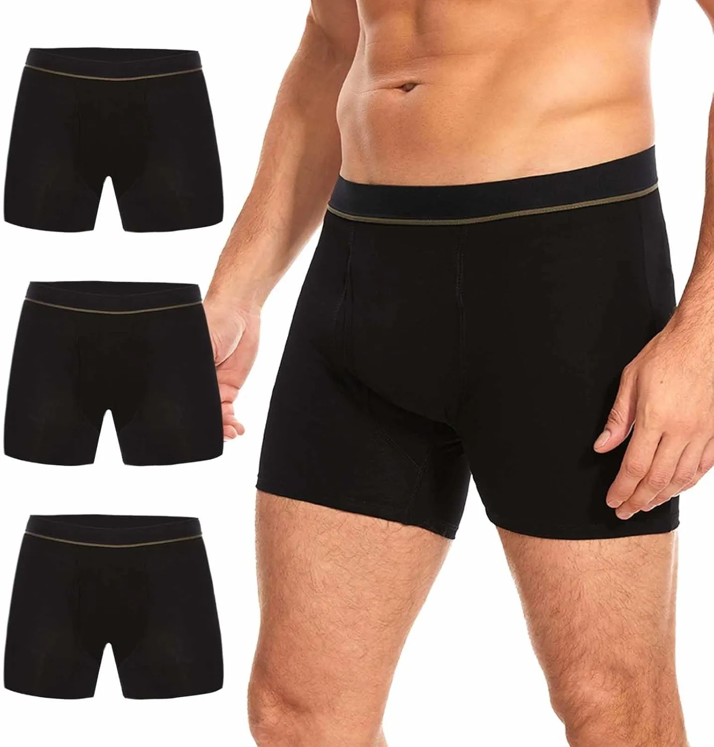 Washable Incontinence Boxer Briefs for Men - Cotton Urinary Leakproof Underwear with Fly, Enhanced Front & Rear Protection 150 ml Absorbency (3 Pack, Black, M)