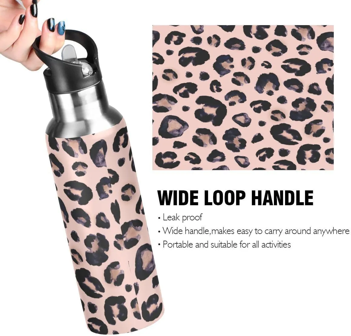 Water Bottle Handle Straw Lid Cheeteh Leopard Print Vacuum Insulated Stainless Steel Thermos Water Bottle Leak Proof Sports Coffee Maker Cup