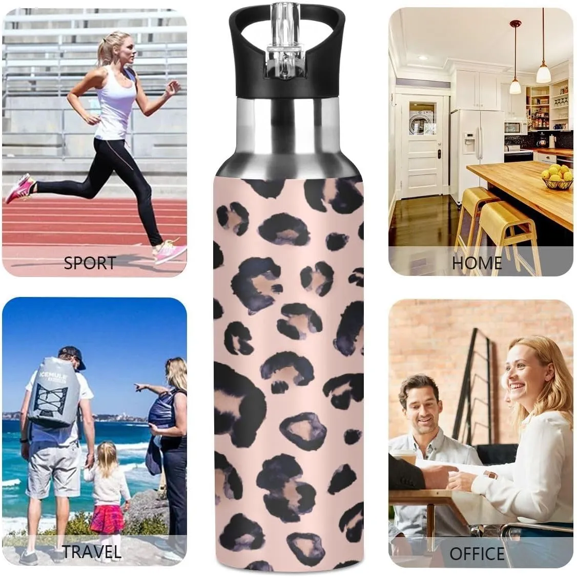Water Bottle Handle Straw Lid Cheeteh Leopard Print Vacuum Insulated Stainless Steel Thermos Water Bottle Leak Proof Sports Coffee Maker Cup