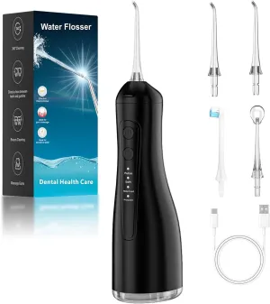 Water Dental Flosser for Teeth, 4 Modes Rechargeable Cordless Oral Irrigator 300ML Water Tank IPX7 Waterproof Portable Electric Flossers for Deep Cleaning and Gum Care, Home Travel Use, Black