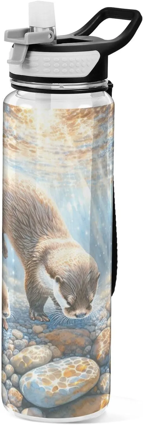 Watercolor Cute Otter 32 oz Water Bottle - Clear Tritan, BPA-Free, LeakProof with Carry Strap for Sports, Gym & Outdoor Activities