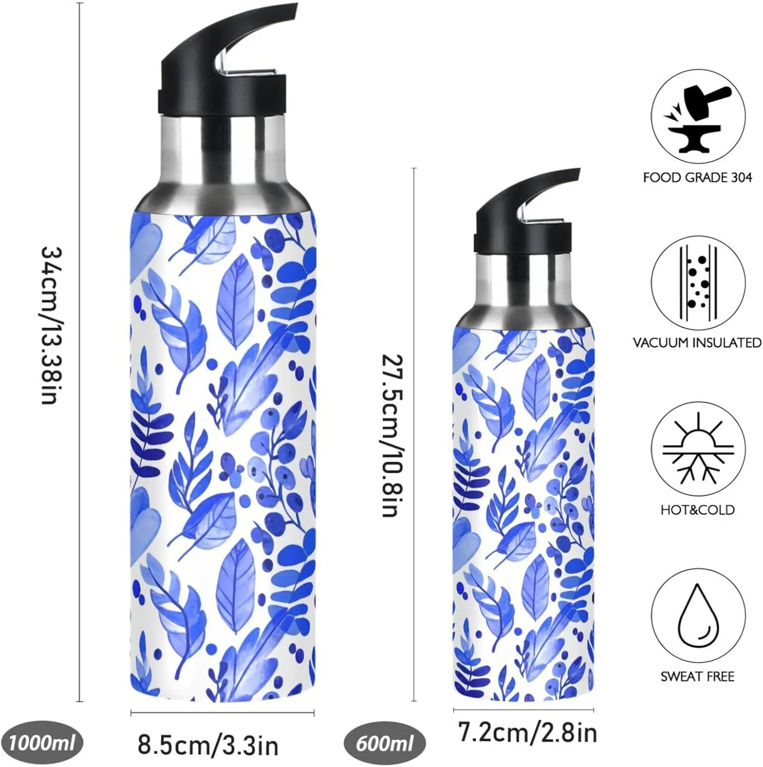 Watercolor Leaf Sports Water Bottle with Straw, 22oz BPA Free Stainless Steel Vacuum Insulated Bottle for Gym Fitness Outdoor