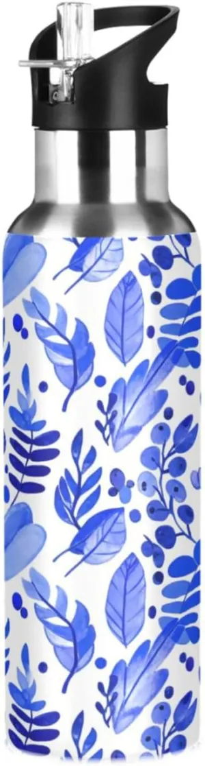 Watercolor Leaf Sports Water Bottle with Straw, 22oz BPA Free Stainless Steel Vacuum Insulated Bottle for Gym Fitness Outdoor