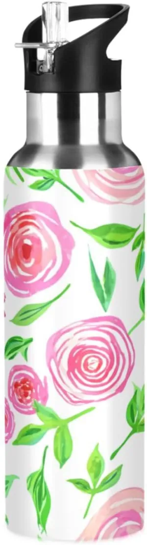 Watercolor Roses Sports Water Bottle with Straw, 22oz BPA Free Stainless Steel Vacuum Insulated Bottle for Gym Fitness Outdoor