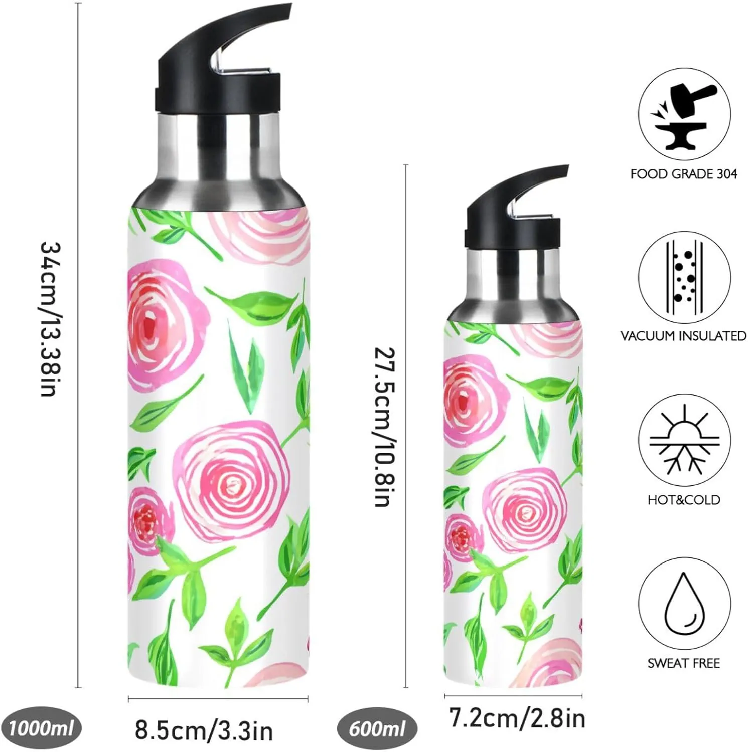 Watercolor Roses Sports Water Bottle with Straw, 22oz BPA Free Stainless Steel Vacuum Insulated Bottle for Gym Fitness Outdoor